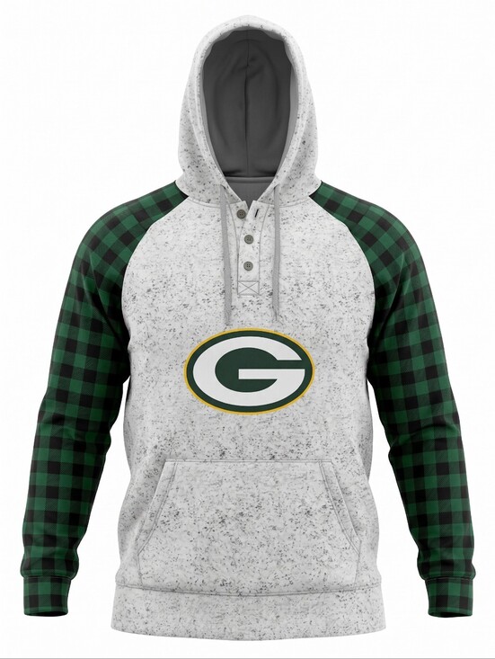 None Tops - Green Bay Packers Hoodie with Green Plaid Sleeves Athketic Sporty NFL Football